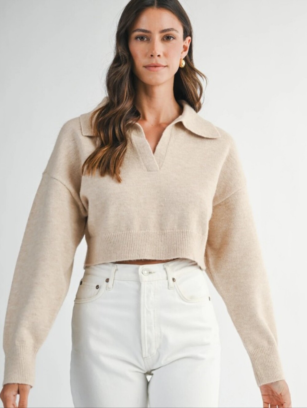 Crush Balloon Sleeve Cropped Polo Sweater Cotton Silk Cashmere